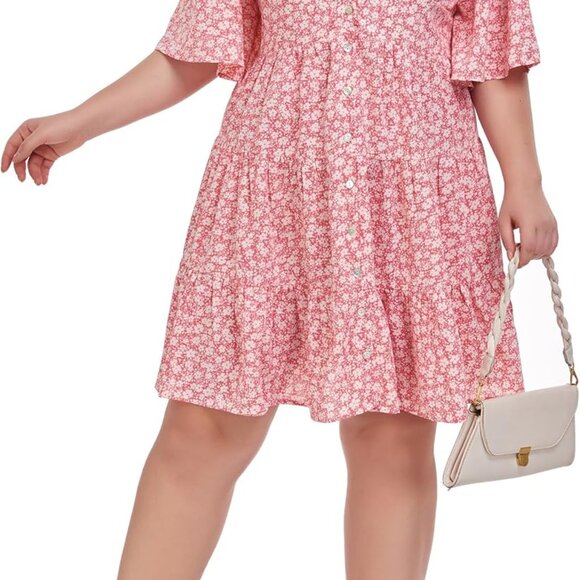 Plus Size Floral Button Down Dress Women Lightweight Chiffon Casual - Picture 4 of 6